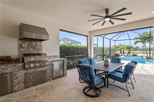 9476 Livorno Ct, Naples, FL 34119 - view of patio / terrace with area for grilling, an outdoor pool, a ceiling fan, a lanai, and outdoor dining space