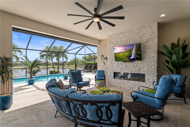 9476 Livorno Ct, Naples, FL 34119 - view of patio / terrace with an outdoor living space, an outdoor pool, and a ceiling fan