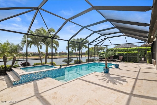 9476 Livorno Ct, Naples, FL 34119 - view of pool featuring a patio area, a water view, a pool with connected hot tub, and glass enclosure