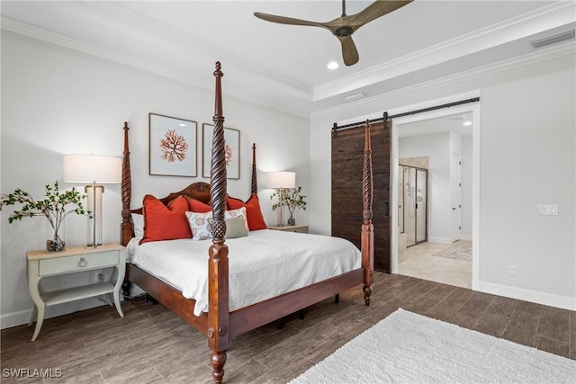 9476 Livorno Ct, Naples, FL 34119 - bedroom featuring a barn door, wood finished floors, ornamental molding, recessed lighting, and ceiling fan