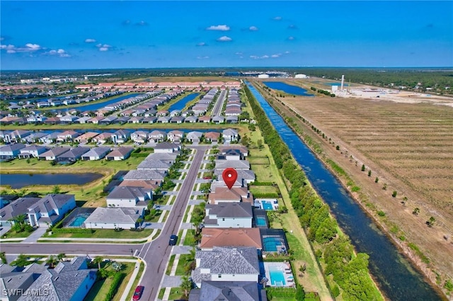 birds eye view of property with a water view and a residential view