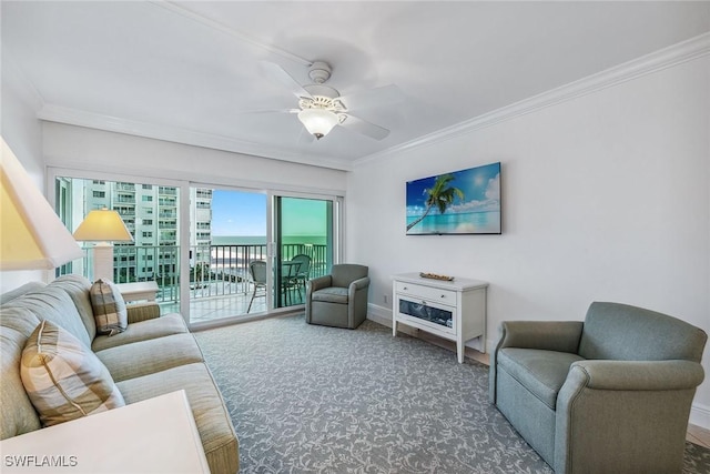 3443 Gulf Shore Blvd N Unit 403, Naples, FL 34103 - living area with crown molding, baseboards, carpet, and a ceiling fan