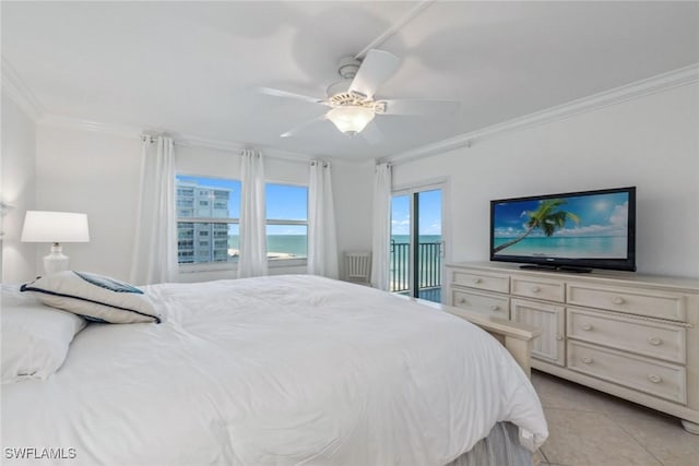 3443 Gulf Shore Blvd N Unit 403, Naples, FL 34103 - bedroom with crown molding, light tile patterned floors, ceiling fan, and access to exterior