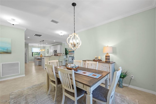 20374 Black Tree Ln, Estero, FL 33928 - dining space with ornamental molding, light tile patterned floors, a chandelier, baseboards, and recessed lighting