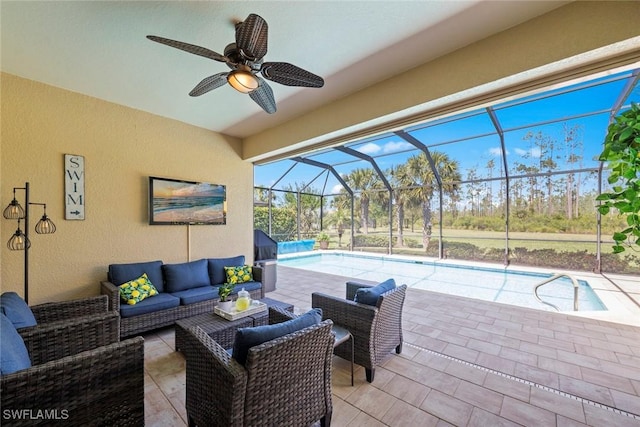 20374 Black Tree Ln, Estero, FL 33928 - view of patio with an outdoor pool, an outdoor hangout area, a ceiling fan, and a lanai
