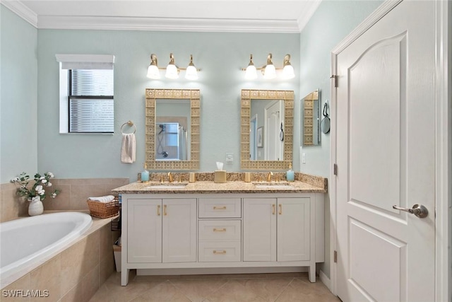 20374 Black Tree Ln, Estero, FL 33928 - bathroom featuring crown molding, double vanity, a bath, and tile patterned flooring