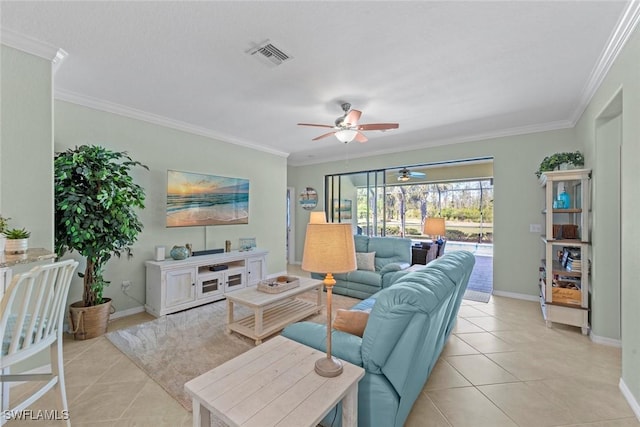 20374 Black Tree Ln, Estero, FL 33928 - living area with a ceiling fan, light tile patterned flooring, crown molding, and baseboards