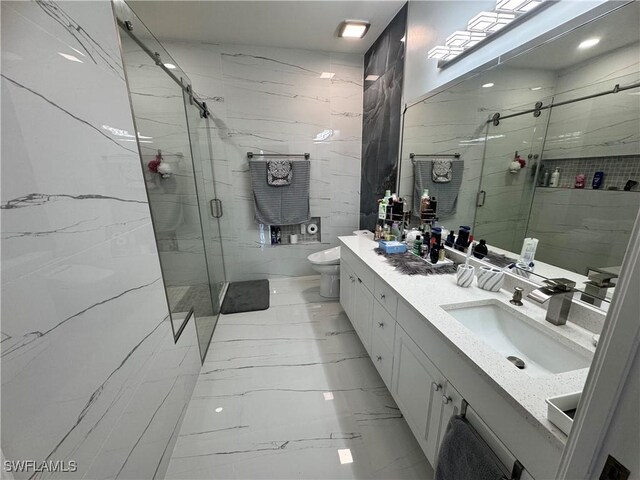 2618 35th Ave NE, Naples, FL 34120 - bathroom with a shower stall, toilet, recessed lighting, vanity, and marble finish floor