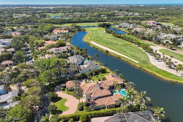 bird's eye view with a residential view, golf course view, and a water view
