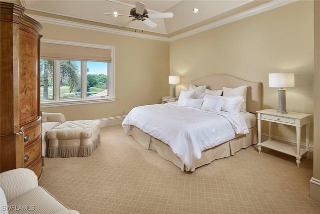 bedroom with baseboards, recessed lighting, light colored carpet, and ornamental molding