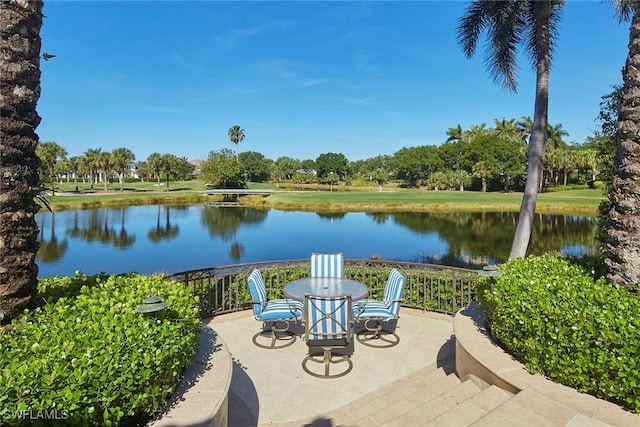 view of patio / terrace featuring a water view