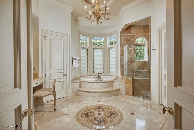 full bath with a bath, crown molding, a notable chandelier, and a shower stall
