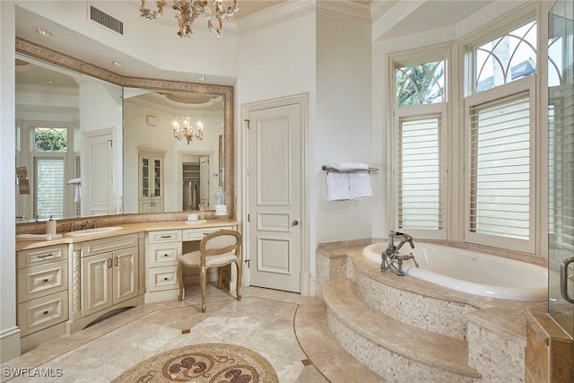 bathroom with vanity, ornamental molding, a chandelier, visible vents, and a bath