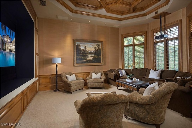 living area featuring ornamental molding, coffered ceiling, light carpet, and visible vents