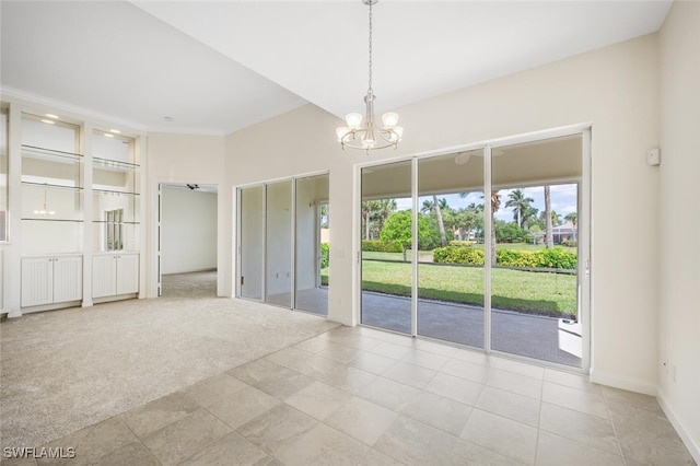 8511 Alessandria Ct, Naples, FL 34114 - unfurnished room featuring light tile patterned flooring, a notable chandelier, baseboards, and light colored carpet