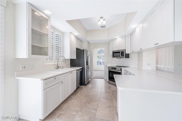 8511 Alessandria Ct, Naples, FL 34114 - kitchen with light countertops, appliances with stainless steel finishes, white cabinetry, a sink, and a tray ceiling