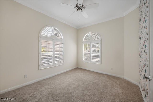 8511 Alessandria Ct, Naples, FL 34114 - spare room featuring baseboards, carpet flooring, ceiling fan, and crown molding