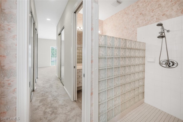 8511 Alessandria Ct, Naples, FL 34114 - bathroom with wallpapered walls, walk in shower, and visible vents