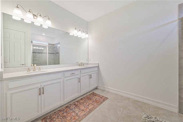 2916 Royal Gardens Ave, Fort Myers, FL 33916 - bathroom with a sink, tile patterned flooring, double vanity, and a stall shower