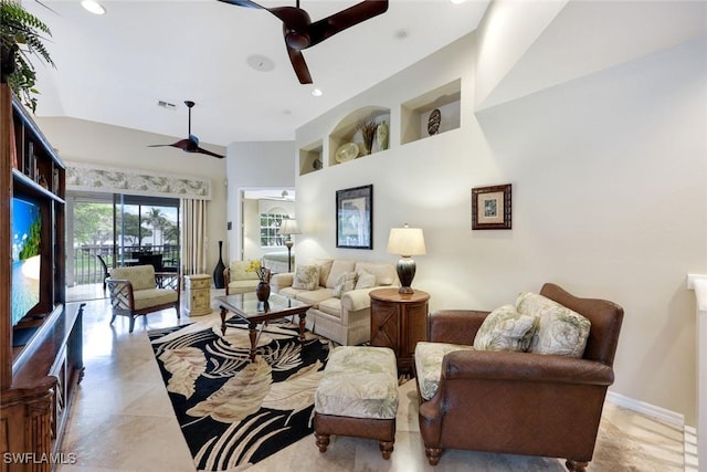 4706 Montego Pointe Way Unit 201, Bonita Springs, FL 34134 - living room featuring ceiling fan, a high ceiling, and recessed lighting