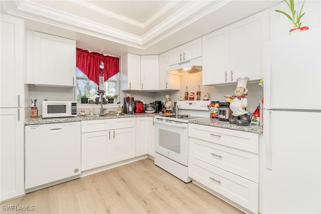 402 SE 42nd Ter Unit D 5, Cape Coral, FL 33904 - kitchen featuring white appliances, ornamental molding, under cabinet range hood, light wood-style floors, and white cabinets