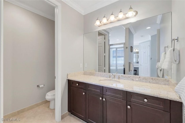 full bathroom with tile patterned flooring, vanity, toilet, ornamental molding, and baseboards