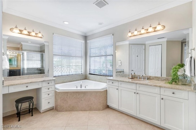 full bathroom featuring a stall shower, visible vents, crown molding, and tile patterned flooring
