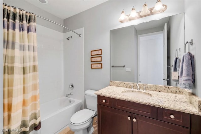 full bath with toilet, shower / bath combo with shower curtain, and vanity