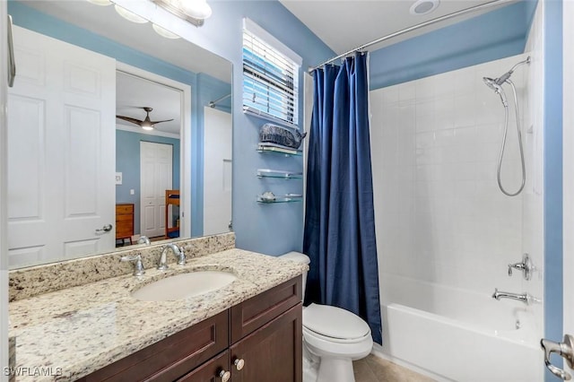 full bathroom with toilet, shower / bath combo, tile patterned floors, and vanity