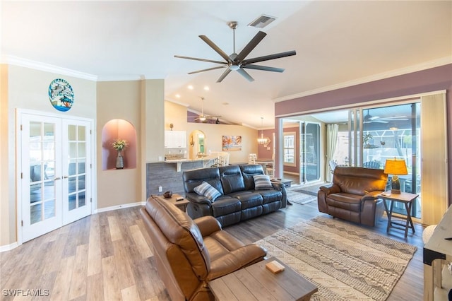 931 SW 35th Ter, Cape Coral, FL 33914 - living area featuring french doors, visible vents, ornamental molding, and ceiling fan