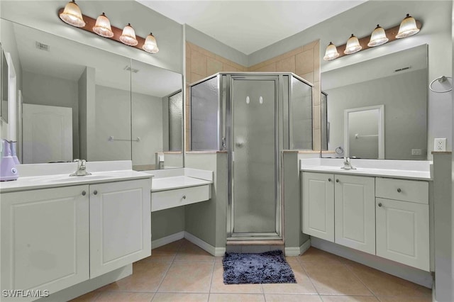 bathroom with tile patterned flooring, a sink, a stall shower, and visible vents