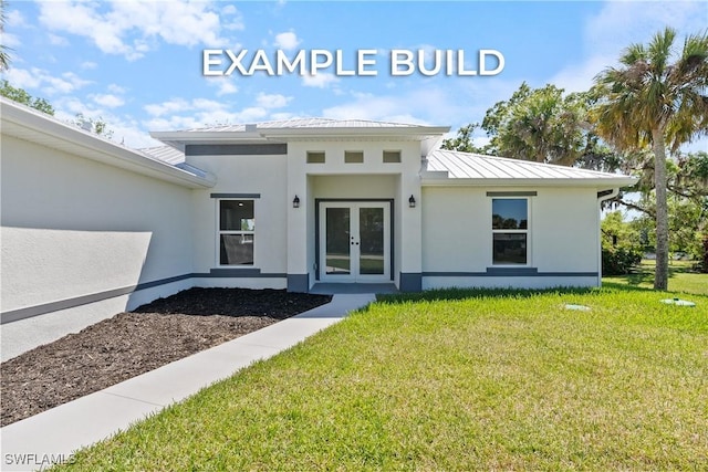 back of property featuring a standing seam roof, french doors, stucco siding, metal roof, and a yard
