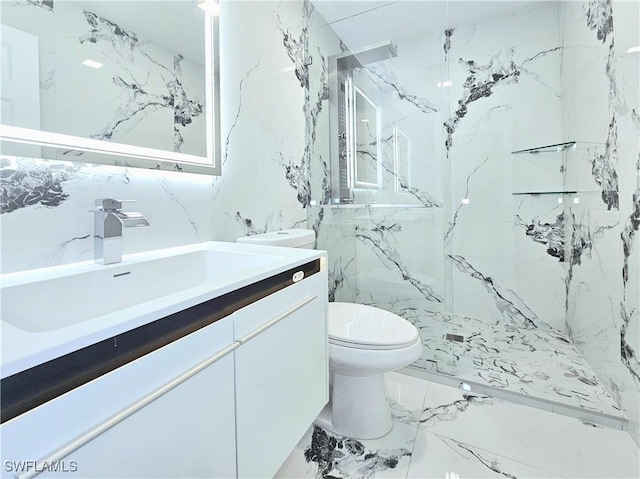 1312 Archdale St, Lehigh Acres, FL 33936 - bathroom featuring marble tiled floors, vanity, a marble finish shower, and toilet