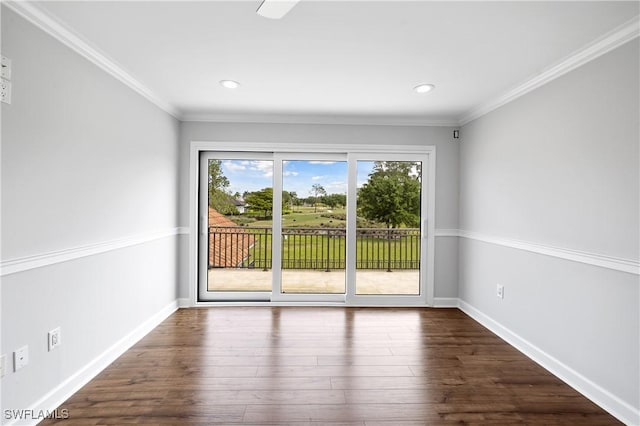 spare room featuring baseboards, dark wood-style flooring, ornamental molding, and recessed lighting