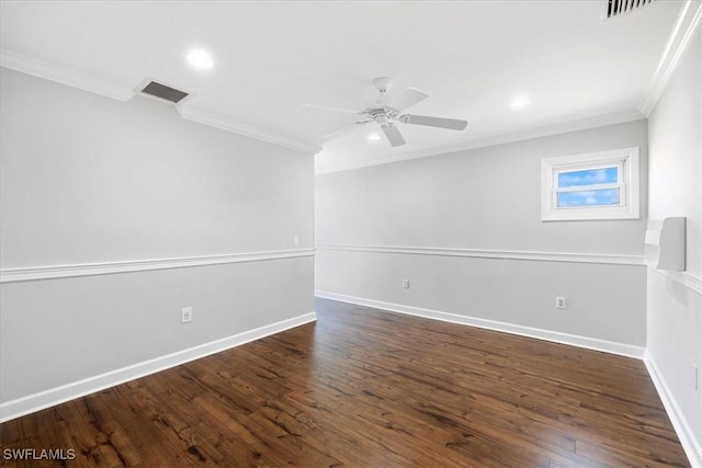 unfurnished room featuring a ceiling fan, visible vents, crown molding, and wood finished floors