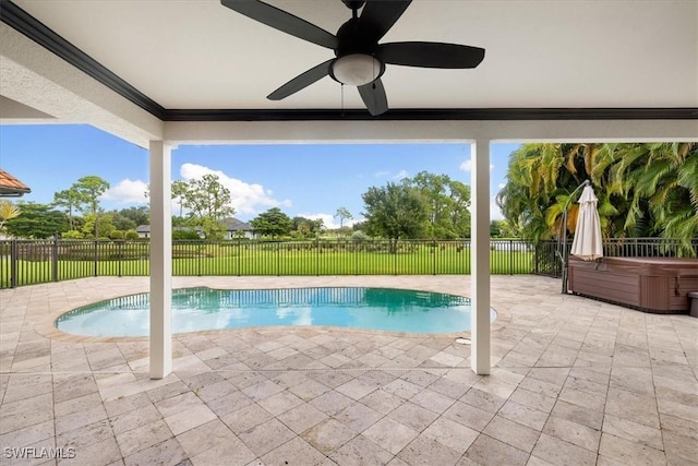view of swimming pool featuring a hot tub, a fenced in pool, a fenced backyard, and a patio area