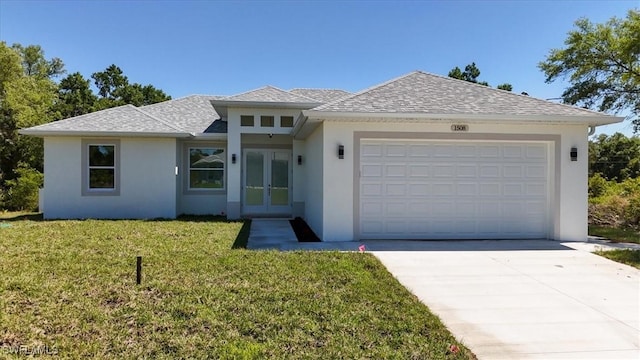 1508 Hibiscus Ave, Lehigh Acres, FL 33972 - view of front of property with stucco siding, a garage, french doors, and roof with shingles