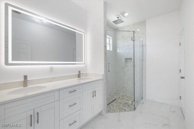 1508 Hibiscus Ave, Lehigh Acres, FL 33972 - full bath with a marble finish shower, marble finish floor, visible vents, and a sink