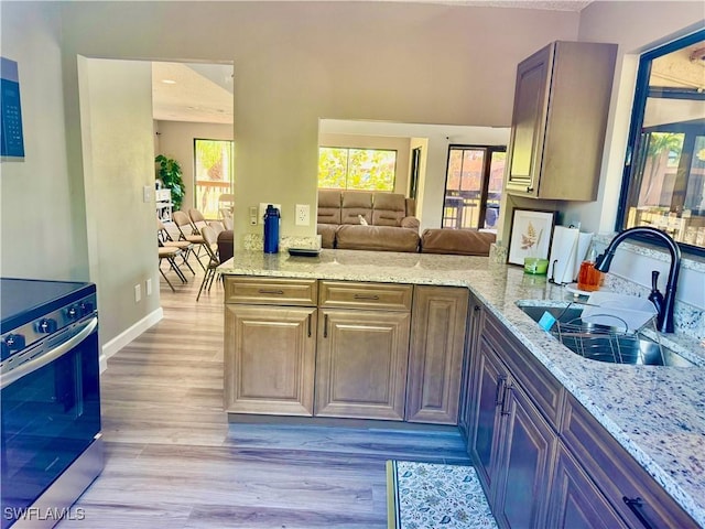 17304 Timber Oak Ln, Fort Myers, FL 33908 - kitchen with open floor plan, stainless steel electric range oven, a sink, light wood-style floors, and light stone counters