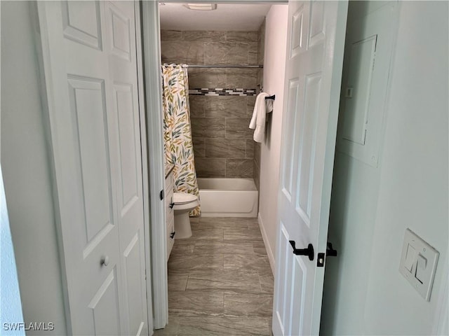 17304 Timber Oak Ln, Fort Myers, FL 33908 - bathroom with marble finish floor, shower / bathtub combination with curtain, and toilet