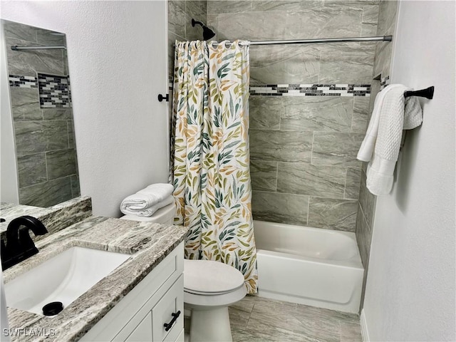 17304 Timber Oak Ln, Fort Myers, FL 33908 - full bathroom featuring a textured wall, shower / bathtub combination with curtain, toilet, and vanity