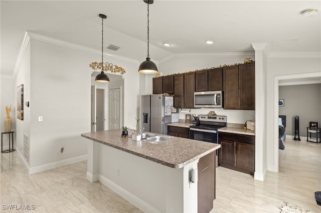 713 NE 31st Ter, Cape Coral, FL 33909 - kitchen featuring crown molding, lofted ceiling, visible vents, dark brown cabinets, and appliances with stainless steel finishes
