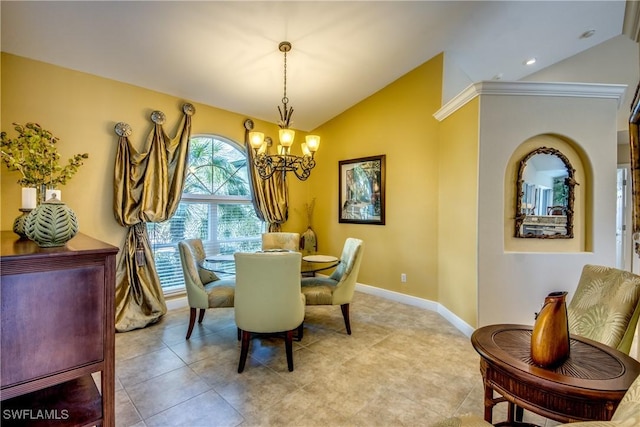 dining area with light tile patterned flooring, baseboards, recessed lighting, vaulted ceiling, and a notable chandelier