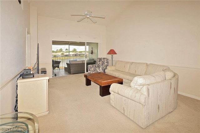 20700 Country Creek Dr Unit 823, Estero, FL 33928 - living area featuring carpet flooring, ceiling fan, and high vaulted ceiling