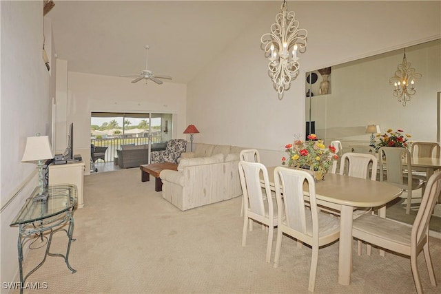 20700 Country Creek Dr Unit 823, Estero, FL 33928 - dining room with high vaulted ceiling, carpet floors, and ceiling fan with notable chandelier