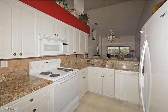 20700 Country Creek Dr Unit 823, Estero, FL 33928 - kitchen with a sink, a notable chandelier, tasteful backsplash, white cabinetry, and white appliances