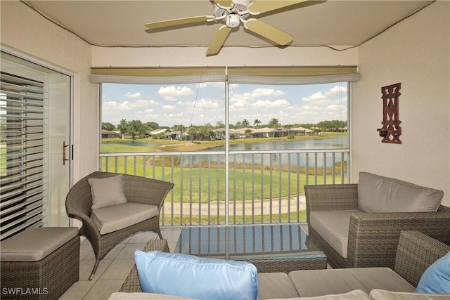 20700 Country Creek Dr Unit 823, Estero, FL 33928 - sunroom / solarium with an outdoor hangout area, a ceiling fan, and a water view