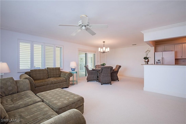 living room featuring crown molding, light carpet, and ceiling fan with notable chandelier
