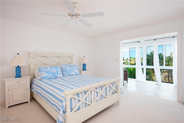 bedroom featuring ornamental molding, a ceiling fan, and light carpet