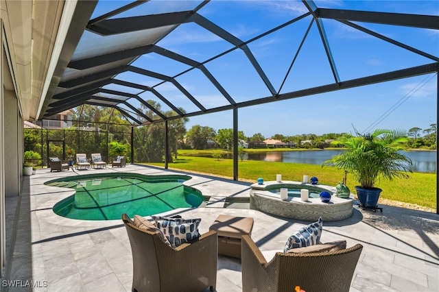 3911 Lakemont Dr, Bonita Springs, FL 34134 - outdoor pool featuring glass enclosure, an in ground hot tub, a patio, a lawn, and a water view